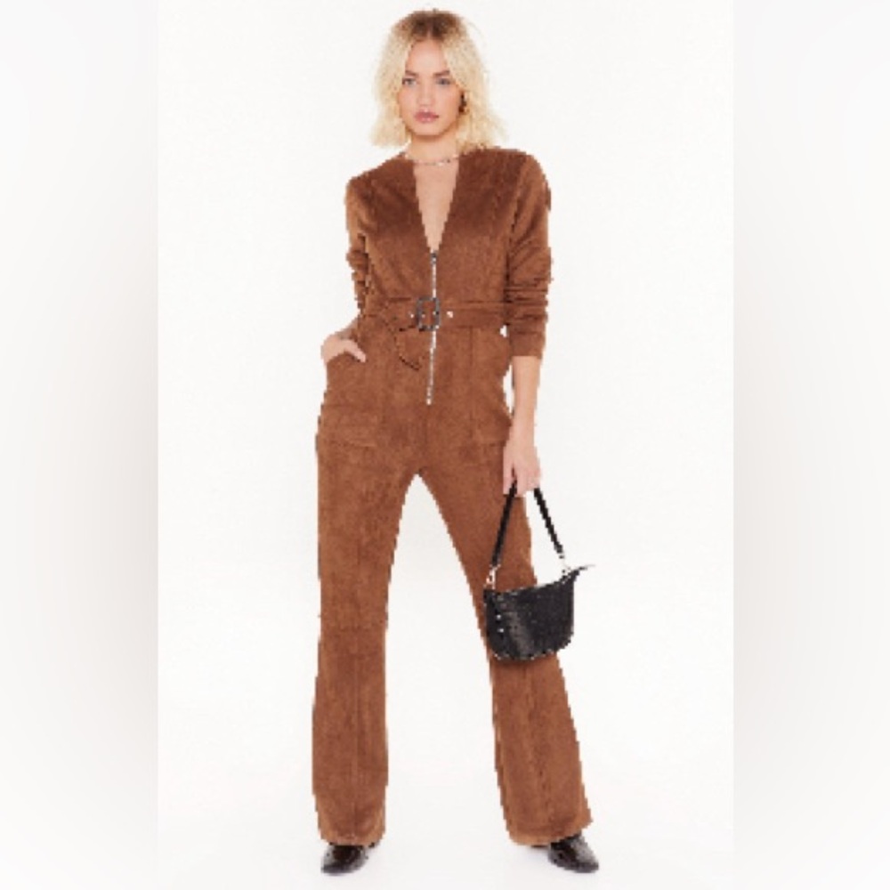Faux Suede Belted Jumpsuit